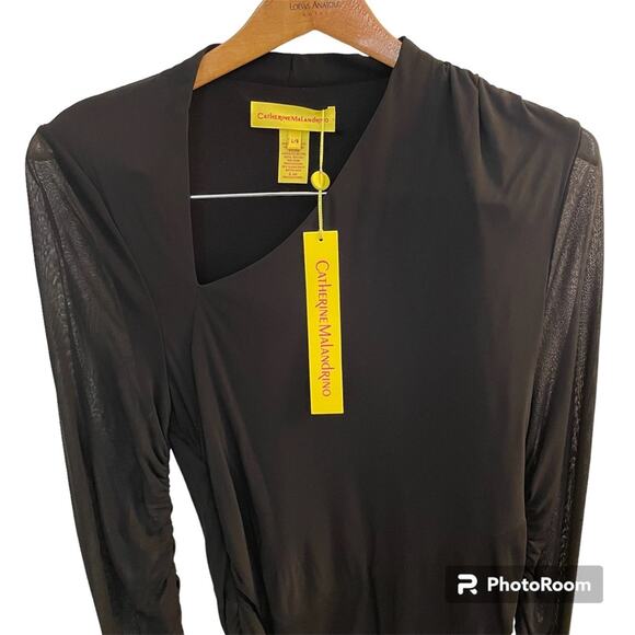 NWT Catherine Malandrino Black Bodycon Dress Long Sleeves Ruched Stretch Large - Picture 9 of 12